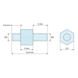 Plano acotado 5 mm / 3,6 / 6 mm, Distanciador hexagonal roscado macho/macho acero cincado M3 - 5,5 mm entrecaras, vástagos de 3,6 y 6 mm