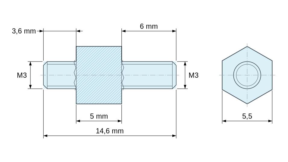 Plano acotado Distanciador hexagonal roscado macho/macho acero cincado M3 - 5,5 mm entrecaras, vástagos de 3,6 y 6 mm