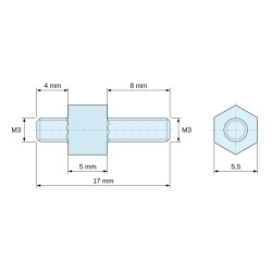 Plano acotado 5 mm / 4 / 8 mm, Distanciador hexagonal roscado macho/macho acero cincado M3 - 5,5 mm entrecaras, vástagos de 4 y 8 mm