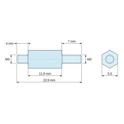 Plano acotado 11,9 mm / 4 / 7 mm, Distanciador hexagonal roscado macho/macho acero cincado M3 - 5,5 mm entrecaras, vástagos de 4 y 7 mm