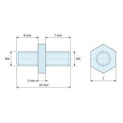 Plano acotado 2 mm / 6 / 7 mm, Distanciador hexagonal roscado macho/macho acero cincado azul M4 - 7 mm entrecaras, vástagos de 6 y 7 mm