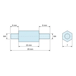 Plano acotado 15 mm / 6 / 8 mm, Distanciador hexagonal roscado macho/macho acero cincado azul M4 - 7 mm entrecaras, vástagos de 6 y 8 mm