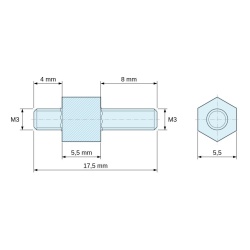 Plano acotado 5,5 mm / 4 / 8 mm, Distanciador hexagonal roscado macho/macho acero cincado amarillo M3 - 5,5 mm entrecaras, vástagos de 4 y 8 mm
