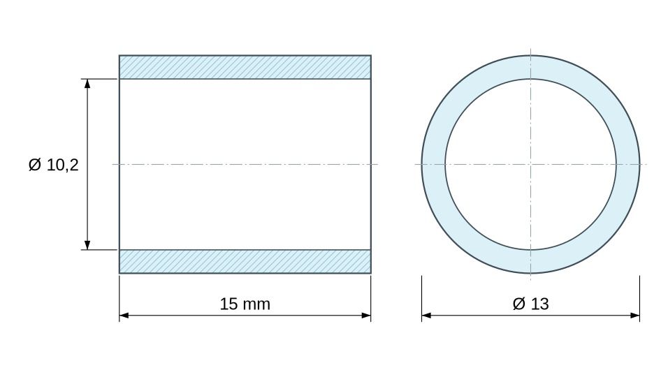 Plano acotado Separador liso de latón niquelado con plomo Ø10,2x13mm para tornillo M10