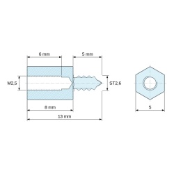 Plano acotado 8 mm / 5 mm, Distanciador hexagonal roscado autorroscante acero cincado sin plomo M2,5 / ST2,6 - 5 mm entrecaras