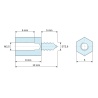 Plano acotado 8 mm / 5 mm, Distanciador hexagonal roscado autorroscante acero cincado sin plomo M2,5 / ST2,6 - 5 mm entrecaras