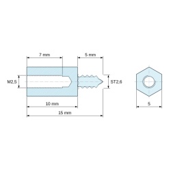 Plano acotado 10 mm / 5 mm, Distanciador hexagonal roscado autorroscante acero cincado M2,5 / ST2,6 - 5 mm entrecaras