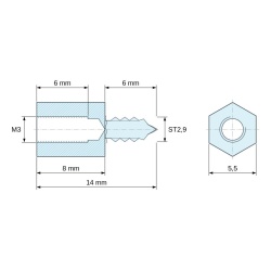 Plano acotado 8 mm / 6 mm, Distanciador hexagonal roscado autorroscante acero cincado sin plomo M3 / ST2,9 - 5,5 mm entrecaras