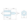 Plano acotado 8 mm / 6 mm, Distanciador hexagonal roscado autorroscante acero cincado sin plomo M3 / ST2,9 - 5,5 mm entrecaras