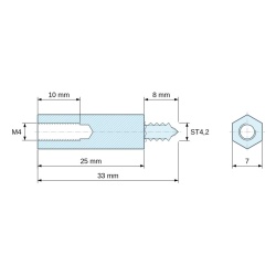 Plano acotado 25 mm / 8 mm, Distanciador hexagonal roscado autorroscante acero cincado sin plomo M4 / ST4,2 - 7 mm entrecaras