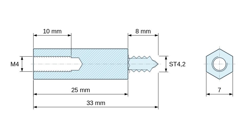 Plano acotado Distanciador hexagonal roscado autorroscante acero cincado sin plomo M4 / ST4,2 - 7 mm entrecaras