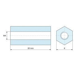 Plano acotado 20 mm, Distanciador hexagonal roscado hembra/hembra acero cincado sin plomo M4 - 8 mm entrecaras