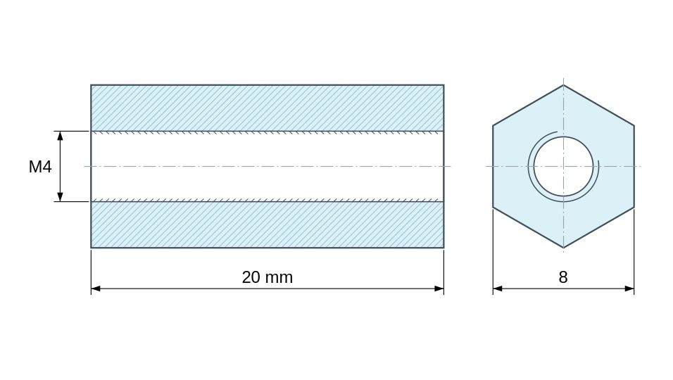 Plano acotado Distanciador hexagonal roscado hembra/hembra acero cincado sin plomo M4 - 8 mm entrecaras