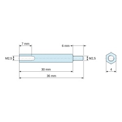 Plano acotado 30 mm / 6 mm, Distanciador hexagonal roscado macho/hembra acero cincado sin plomo M2,5 - 4 mm entrecaras