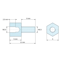 Plano acotado 5 mm / 6 mm, Distanciador hexagonal roscado macho/hembra acero cincado sin plomo M2,5 - 5 mm entrecaras