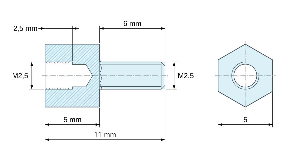 Plano acotado Distanciador hexagonal roscado macho/hembra acero cincado sin plomo M2,5 - 5 mm entrecaras