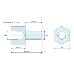 Plano acotado 5 mm / 6 mm, Distanciador hexagonal roscado macho/hembra acero cincado sin plomo M3 - 5,5 mm entrecaras