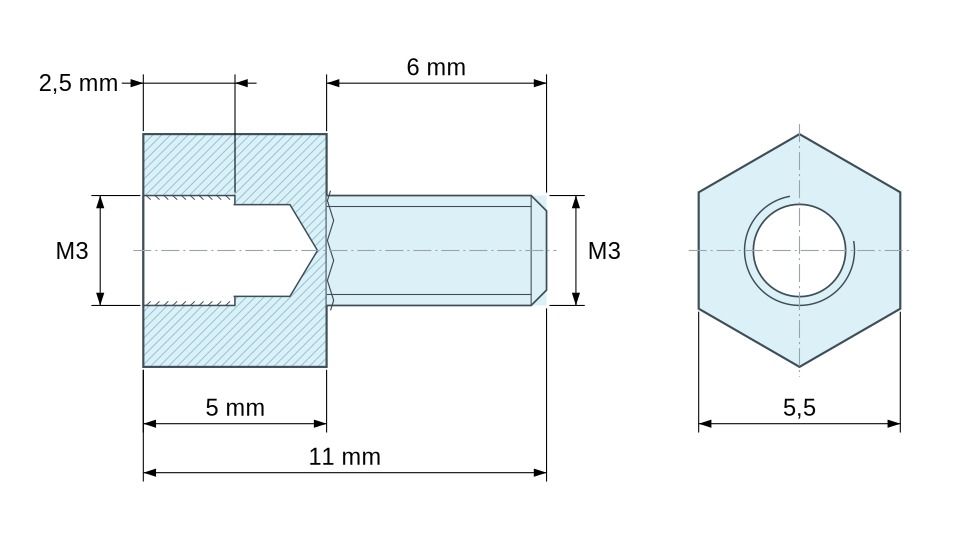 Plano acotado Distanciador hexagonal roscado macho/hembra acero cincado sin plomo M3 - 5,5 mm entrecaras Plano acotado Distanciador hexagonal roscado macho/hembra acero cincado sin plomo M3 - 5,5 mm entrecaras
