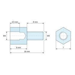 Plano acotado 8 mm / 8 mm, Distanciador hexagonal roscado macho/hembra acero cincado sin plomo M4 - 7 mm entrecaras