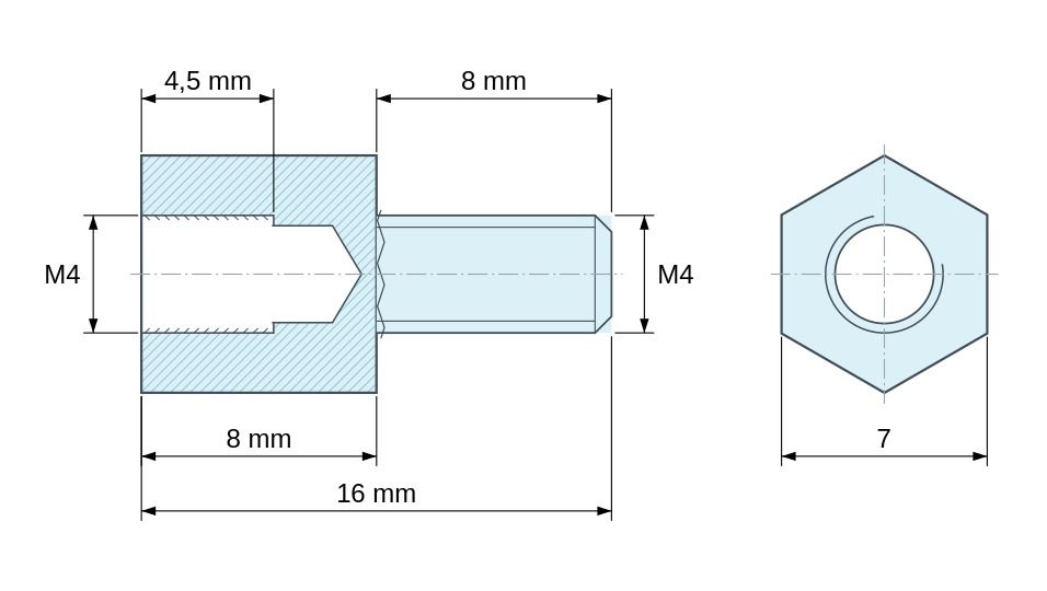 Plano acotado Distanciador hexagonal roscado macho/hembra acero cincado sin plomo M4 - 7 mm entrecaras