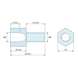 Plano acotado 10 mm / 12 mm, Distanciador hexagonal roscado macho/hembra acero cincado azul sin plomo M6 - 10 mm entrecaras
