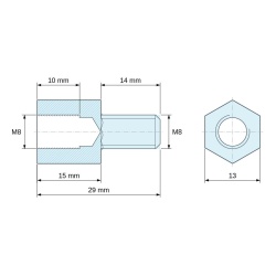 Plano acotado 15 mm / 14 mm, Distanciador hexagonal roscado macho/hembra acero cincado azul sin plomo M8 - 13 mm entrecaras