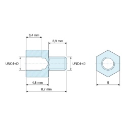 Plano acotado 4,8 mm / 3,9 mm, Distanciador hexagonal roscado macho/hembra acero cincado sin plomo UNC4-40 - 5 mm entrecaras