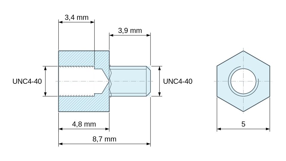 Plano acotado Distanciador hexagonal roscado macho/hembra acero cincado sin plomo UNC4-40 - 5 mm entrecaras
