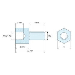 Plano acotado 5 mm / 6 mm, Distanciador hexagonal roscado macho/hembra acero cincado sin plomo UNC4-40 / M3 - 5 mm entrecaras