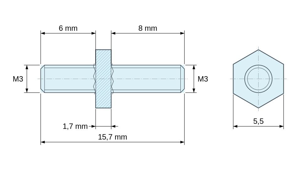 Plano acotado Distanciador hexagonal roscado macho/macho acero cincado sin plomo M3 - 5,5 mm entrecaras, vástagos de 6 y 8 mm