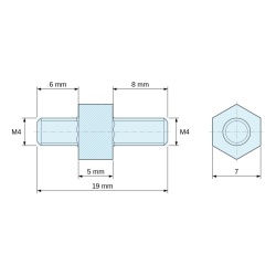 Plano acotado 5 mm / 6 / 8 mm, Distanciador hexagonal roscado macho/macho acero cincado sin plomo M4 - 7 mm entrecaras, vástagos de 6 y 8 mm