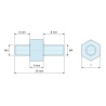 Plano acotado 5 mm / 6 / 8 mm, Distanciador hexagonal roscado macho/macho acero cincado sin plomo M4 - 7 mm entrecaras, vástagos de 6 y 8 mm