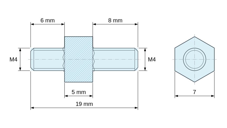 Plano acotado Distanciador hexagonal roscado macho/macho acero cincado sin plomo M4 - 7 mm entrecaras, vástagos de 6 y 8 mm
