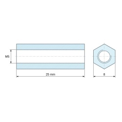 Plano acotado 25 mm, Distanciador hexagonal roscado hembra/hembra acero cincado amarillo sin plomo M5 - 8 mm entrecaras