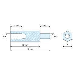 Plano acotado 22 mm / 8 mm, Distanciador hexagonal roscado macho/hembra acero cincado amarillo sin plomo M4 - 7 mm entrecaras