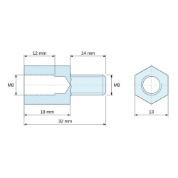 Plano acotado 18 mm / 14 mm, Distanciador hexagonal roscado macho/hembra acero cincado amarillo sin plomo M8 - 13 mm entrecaras