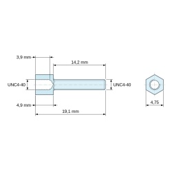 Plano acotado 4,9 mm / 14,2 mm, Distanciador hexagonal roscado macho/hembra acero cincado amarillo sin plomo UNC4-40 - 4,75 mm entrecaras