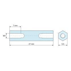 Plano acotado 27 mm, Espaciador hexagonal roscado hembra/hembra acero cincado sin plomo M3