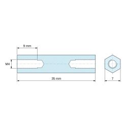 Plano acotado 35 mm, Espaciador hexagonal roscado hembra/hembra acero cincado sin plomo M4