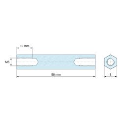 Plano acotado 50 mm, Espaciador hexagonal roscado hembra/hembra acero cincado sin plomo M5
