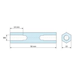 Plano acotado 50 mm, Espaciador hexagonal roscado hembra/hembra acero cincado sin plomo M6