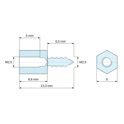 Plano acotado 6,8 mm / 6,5 mm, Distanciador hexagonal roscado autorroscante acero cincado M2,5 / ST2,6 - 5 mm entre caras