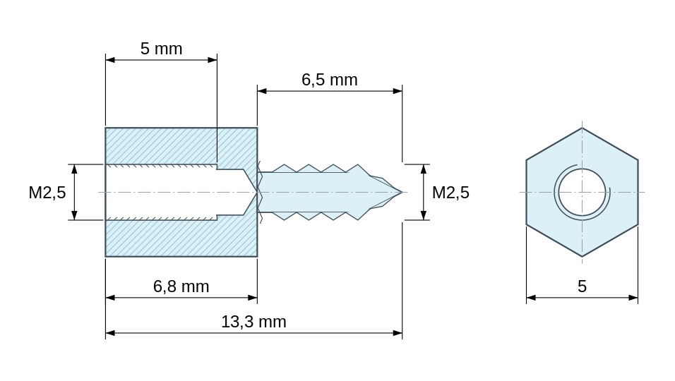 Plano acotado Distanciador hexagonal roscado autorroscante acero cincado M2,5 / ST2,6 - 5 mm entre caras