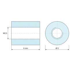 Plano acotado 6 mm, Distanciador redondo roscado hembra/hembra plástico poliacetal POM blanco UL94-HB M2,5 - Ø5 mm