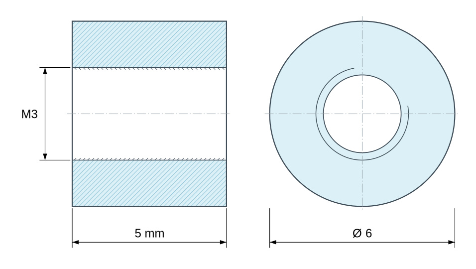 Plano acotado Distanciador redondo roscado hembra/hembra plástico poliamida PA6 reforzada con fibra de vidrio blanca UL94-V2 M3 - Ø6 mm