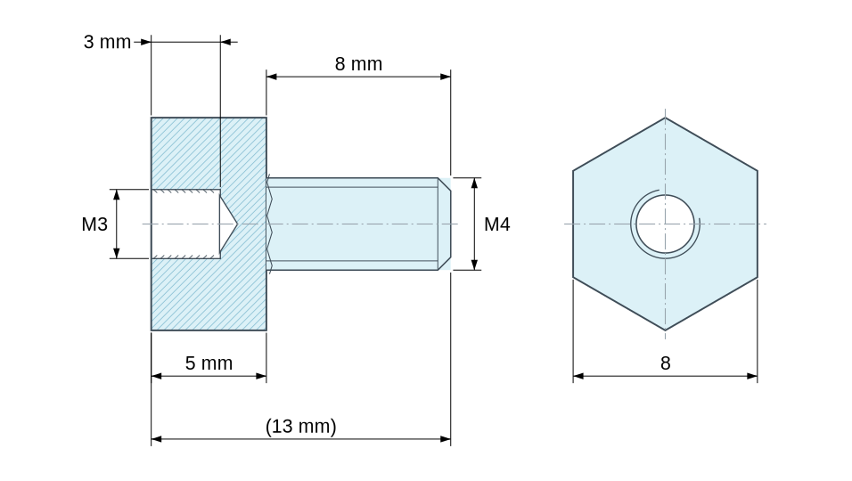 Plano acotado Distanciador hexagonal roscado macho/hembra plástico poliamida PA6.6 M3 / M4 - 8 mm entre caras