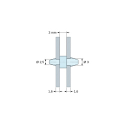 Soporte PCB a presión por ambos lados, poliamida PA6.6 negra UL94-HB, PCB Ø2,5 mm 1,6 mm / chasis Ø3 mm 1,6 mm