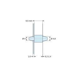 Soporte PCB a presión por ambos lados, poliamida PA6.6 natural UL94-V2, PCB Ø4 mm 1,6 mm / chasis Ø4,8 mm 0,2–1,4 mm