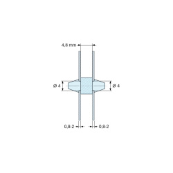 Soporte PCB a presión por ambos lados, PA6.6 natural, UL94-V2, orificio PCB Ø4 mm, espesor PCB 0,8–2 mm