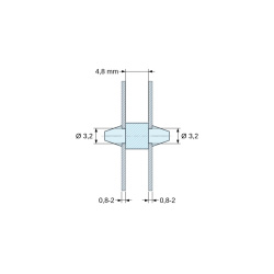 Soporte PCB a presión por ambos lados, PA6.6 natural, UL94-V2, orificio PCB Ø3,2 mm, espesor PCB 0,8–2 mm